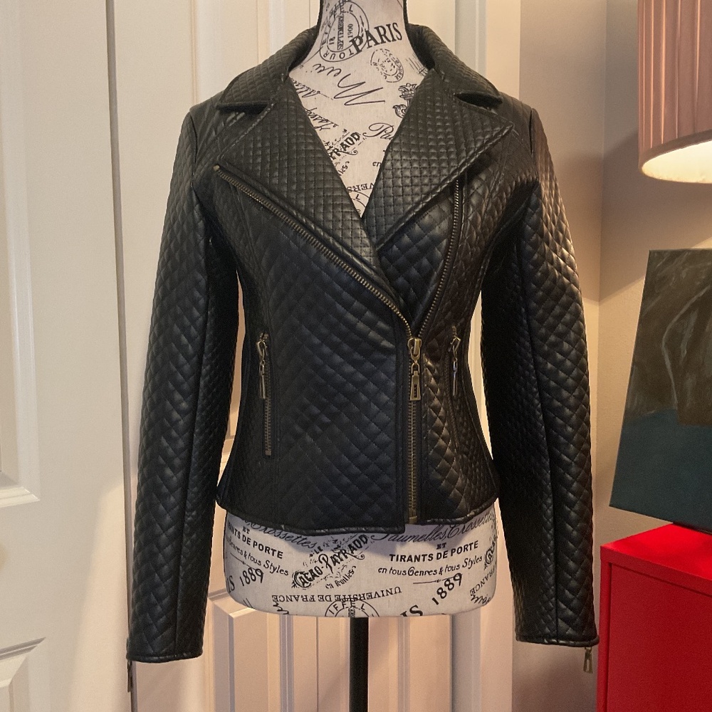 NWOT Bohme Faux Leather Quilted Black Bomber Jacket with Gold Zippers